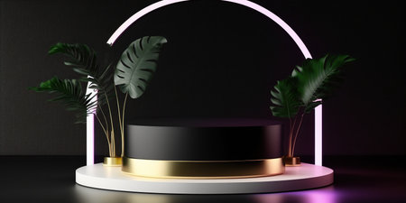 3d render, abstract minimal geometric background, black and gold podiums with palm leaves, round stage for product presentationの写真素材