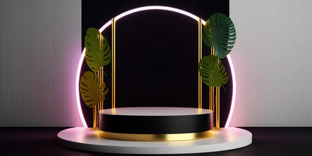 3d render, abstract minimal scene, round podium, neon light, black backgroundの写真素材