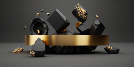 3d render, abstract black and golden podium, pedestal or platform for product presentationの写真素材