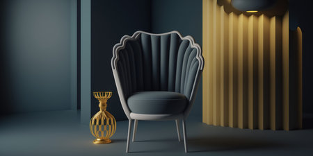 Black armchair with golden lamp in dark room. 3D renderingの写真素材