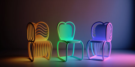 3d rendering of a group of chairs in neon light. Three chairs in different colors.の写真素材