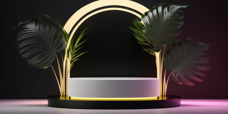 3d render abstract minimal geometric forms. Glossy luxury podium display with tropical leaves. Fashion show stage.の写真素材