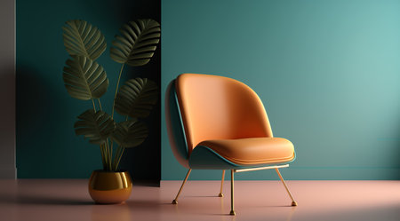 Orange armchair in green room with plant. 3D rendering.の写真素材