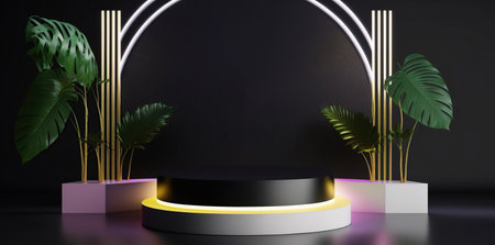 3d render, abstract black background with podiums and tropical plantsの写真素材