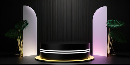 3d render, abstract background, black and gold podium for product presentation.の写真素材
