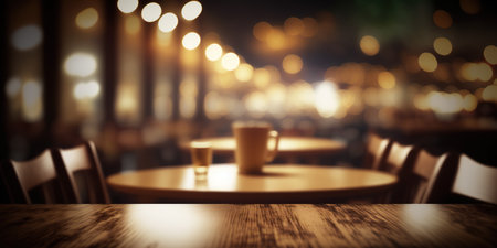 Empty wooden table and chairs in a cafe or restaurant with bokeh backgroundの写真素材