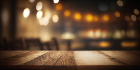 Empty wood table and Coffee shop blur background with bokeh image.の写真素材