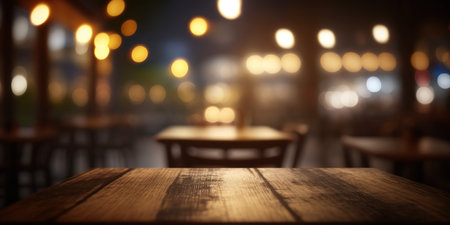 Empty wooden table and blurred background of bar or pub at night.の写真素材