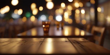 Empty wooden table in front of blurred background of bar, pub or restaurant.の写真素材
