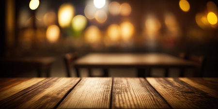 Empty wooden table and abstract blurred background of bar or pub interior.の写真素材