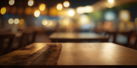 Empty wooden table and blurred background of bar or pub with bokehの写真素材