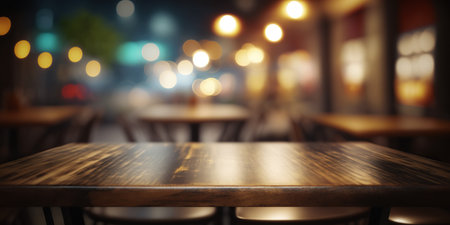 Empty wooden table and abstract bokeh background of cafe or restaurantの写真素材