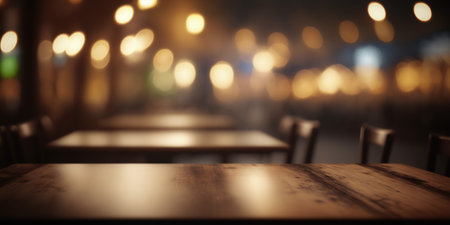 Empty wooden table and blurred background of bar or pub with bokeh