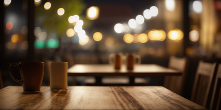 Coffee cup on wooden table in cafe with bokeh backgroundの写真素材