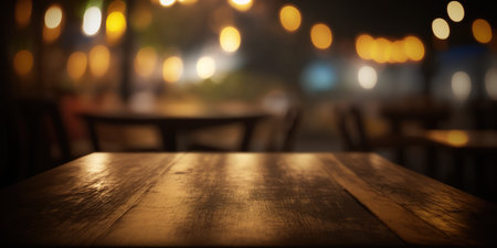 Empty wooden table and blurred background of cafe or restaurant. For product displayの写真素材