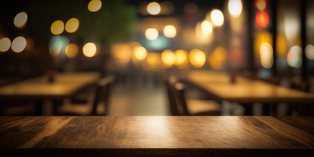 Empty wood table and Coffee shop blur background with bokeh image.の写真素材