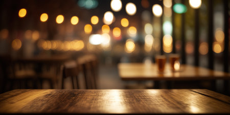 Empty wooden table and Coffee shop blur background with bokeh image.の写真素材