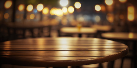 Wooden table in a cafe or restaurant with bokeh backgroundの写真素材