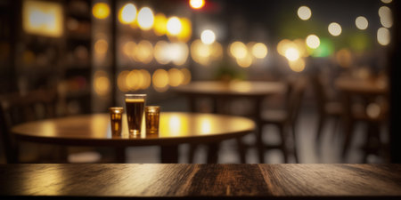 Empty wooden table in front of blurred background of bar or pub.の写真素材