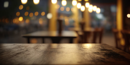 Empty wooden table in front of abstract blurred background of cafe or restaurant.の写真素材