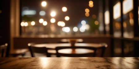 Empty wooden table in front of restaurant blur background with bokeh light