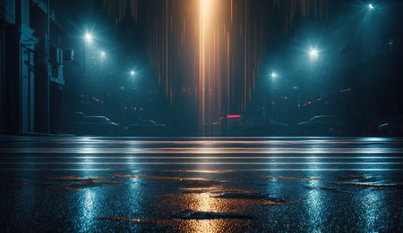 Night scene with street lights and reflections in wet asphalt. 3d renderingの写真素材