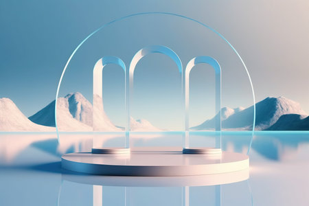 3d rendering of minimal geometric forms. Glossy white podium for product presentation. Abstract background with blue sky.の写真素材