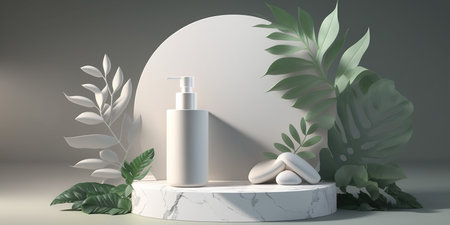 3d render of white cosmetic product display podium with tropical leaves.の写真素材