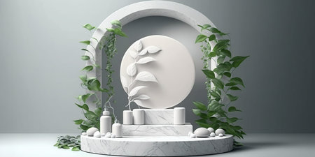3d render, abstract minimal scene with white marble podiums, plants and round arch.の写真素材