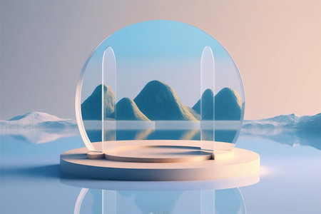 3d render, abstract minimal scene with round podium, mountain landscape in the backgroundの写真素材