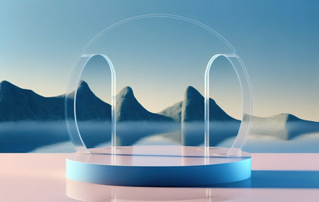 3d render, abstract background, minimal scene, empty round stage with geometric shapes, podium for product presentationの写真素材