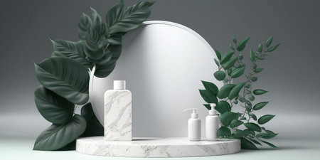 3d render of white marble podium for product display with green leaves and round mirror on gray backgroundの写真素材