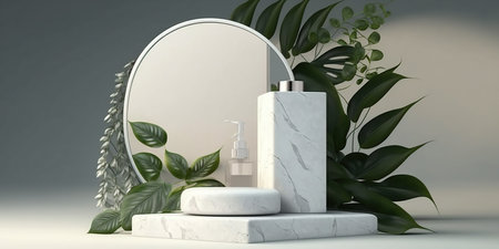 3d render of podium for product presentation with green leaves and round mirrorの写真素材
