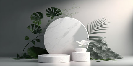 3d render of white marble podium for product presentation with monstera leaves and round mirrorの写真素材