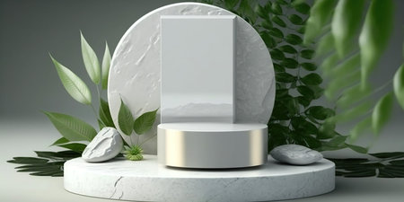 3d render of white podium for product presentation. Pedestal or platform with green leaves and stones.の写真素材