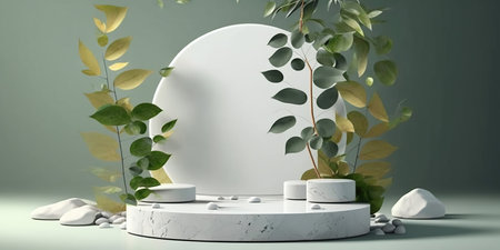 3d render of white marble pedestal with green leaves and plantの写真素材