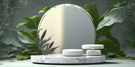 3d render of minimal display podium with tropical leaves for cosmetic product presentationの写真素材