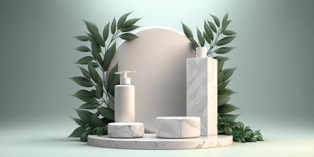 3d render of podium for product presentation with green leaves on backgroundの写真素材
