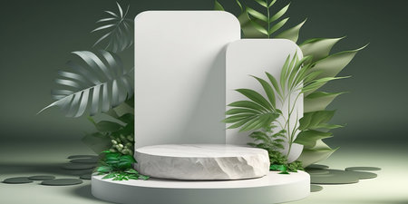 3d render of minimal product display podium with tropical palm leaves background.の写真素材