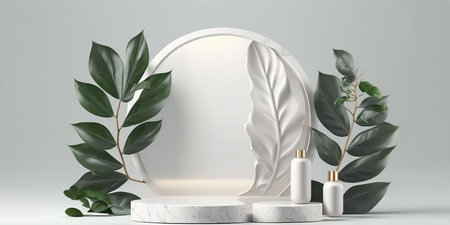 3d render, abstract minimal geometric forms, podium for cosmetic product presentation.の写真素材