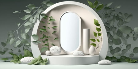 3d rendering of podium for product presentation in minimal style with green leavesの写真素材
