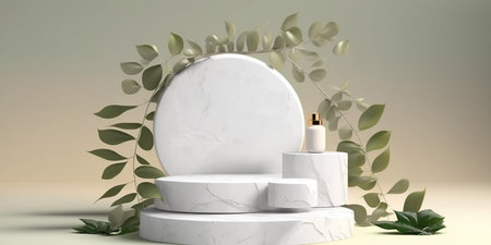 3d render of white marble podium for product display with green leaves.の写真素材