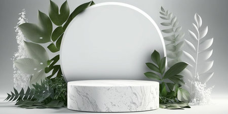 3d render of white marble podium for product display with tropical leaves. Minimal scene.の写真素材