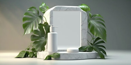 3d render of white podium for product presentation and mock up with green leavesの写真素材