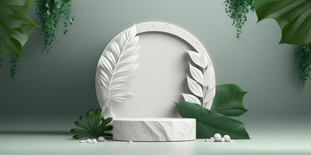 3d render of white marble product display podium with tropical leaves and shadow on the wall.の写真素材