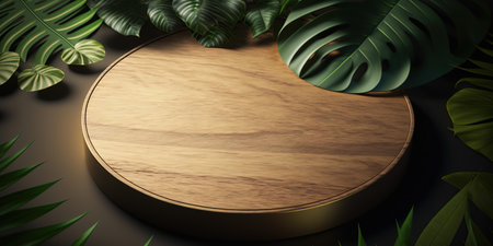 Wooden round board on dark background with tropical leaves. 3d renderingの写真素材