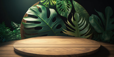Wooden table and monstera leaves on dark background. 3D Renderingの写真素材