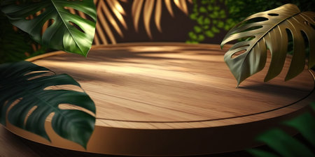 3D render of a wooden table and tropical leaves in the backgroundの写真素材