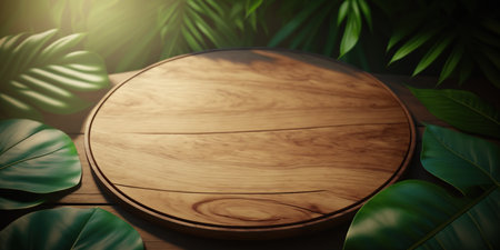 Wooden table and tropical leaves background, 3d rendering. Computer digital drawing.の写真素材