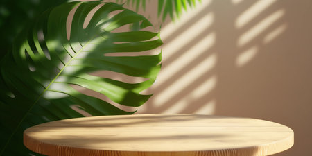 3d render of wooden table with monstera leaves in the backgroundの写真素材